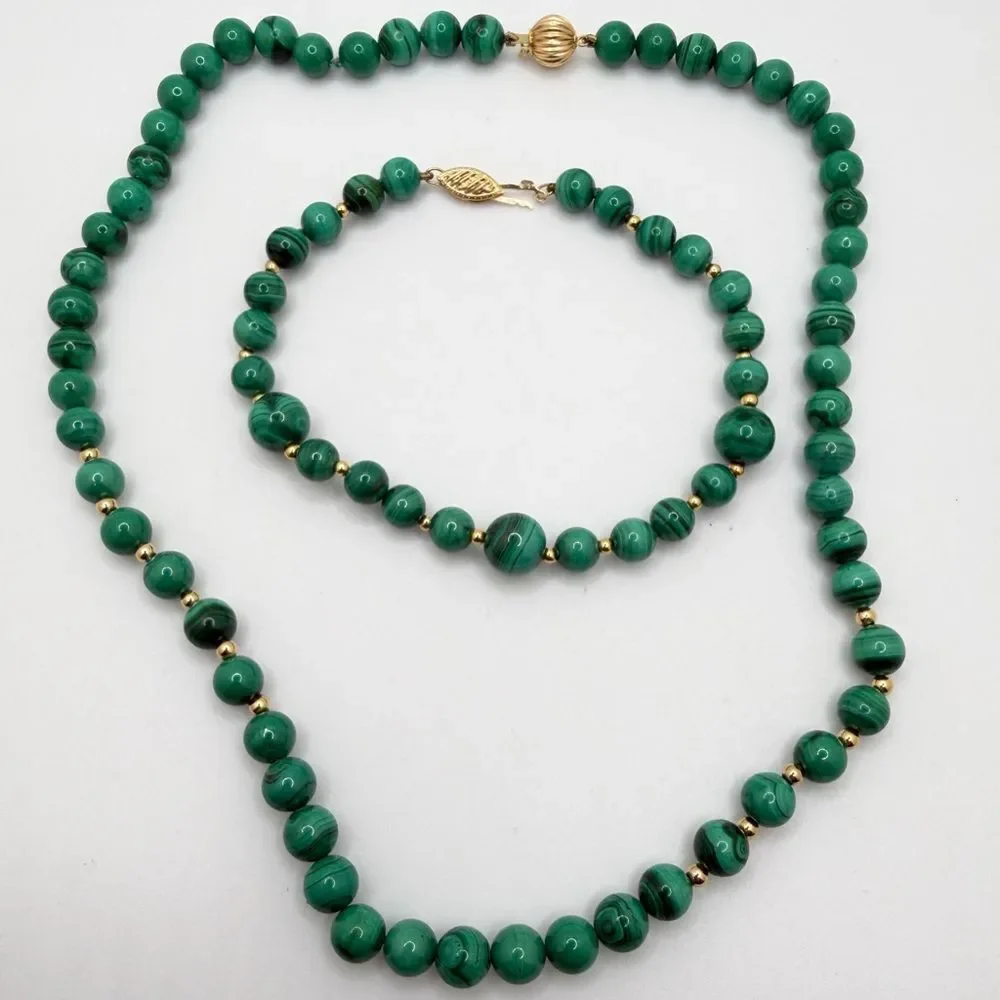 Vintage Malachite and 14kt gold beaded necklace/bracelet set‎ w/ 14kt YG clasps!